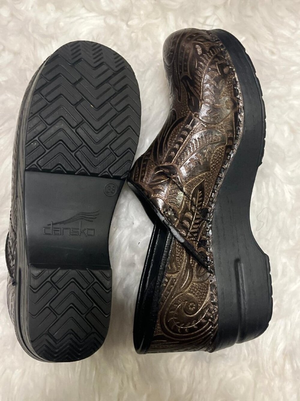 Dansko Professional Bronze Tooled Leather Clogs Floral Paisley Size 38 US 7.5-8